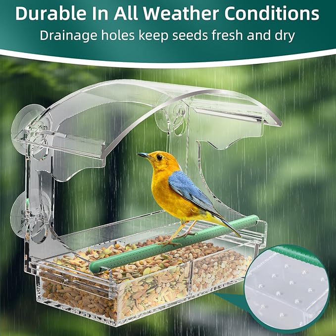 Window Bird Feeder with 4 Strong Suction Cups, Clear Window Feeder for Outside, Acrylic Bird House for Window, Large Outdoor Wild Bird Watching Gift