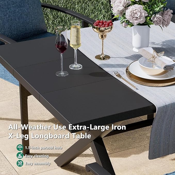 Kullavik 14 PCS Outdoor Dining Table Set for 12,Fence Pattern Back Chairs & Swivel Chairs,Iron Longboard X-Leg Table w/Parasol Hole,Patio Furniture Set for Backyard,Garden,Poolside-Navy Blue