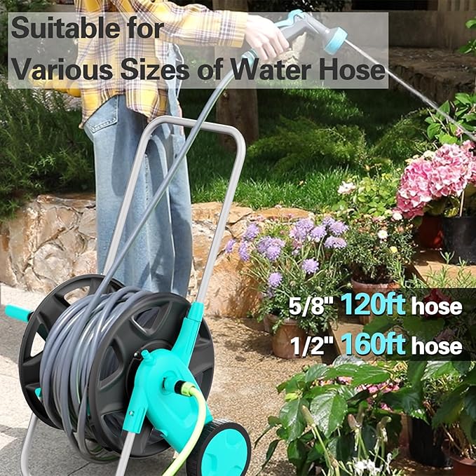 Portable Garden Hose Reel Cart, Hold Up to 100-120 Ft of 5/8 Inch Hose,Metal Garden Water Pipe Holders Mobile Tools with 2 Wheels for Outside Hose Storage