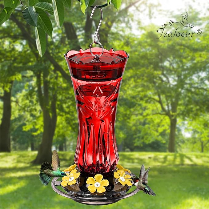 Hummingbird Feeder for Outdoors Hanging, 18 OZ Humming Birds Feeders with 6 Bee Guard Feeding Ports & Built-in Ant Moat, Easy to Clean, Durable Outdoor Garden Decor (Red 2 Pack)