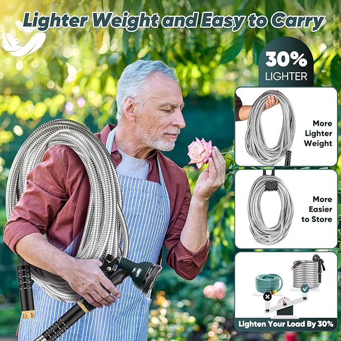 Garden Hose with 10-Function Nozzle, Leak-proof Metal Connector Hose, No Knots, Kink-Free Hoses, Lighter, Anti-Pets, Wear-Resistant, 3/4 GHT, Water Hose for Garden, Yard, Outdoor（50 FT）