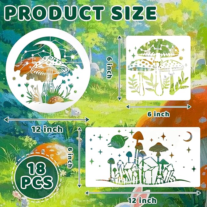18 PCS Mushroom Stencils Large Reusable Crescent Moon Phase Drawing Template Bohemian Art Stencils for Painting on Wood Wall Tile Fabric Canvas Scrapbook Home Decor DIY Craft Projects