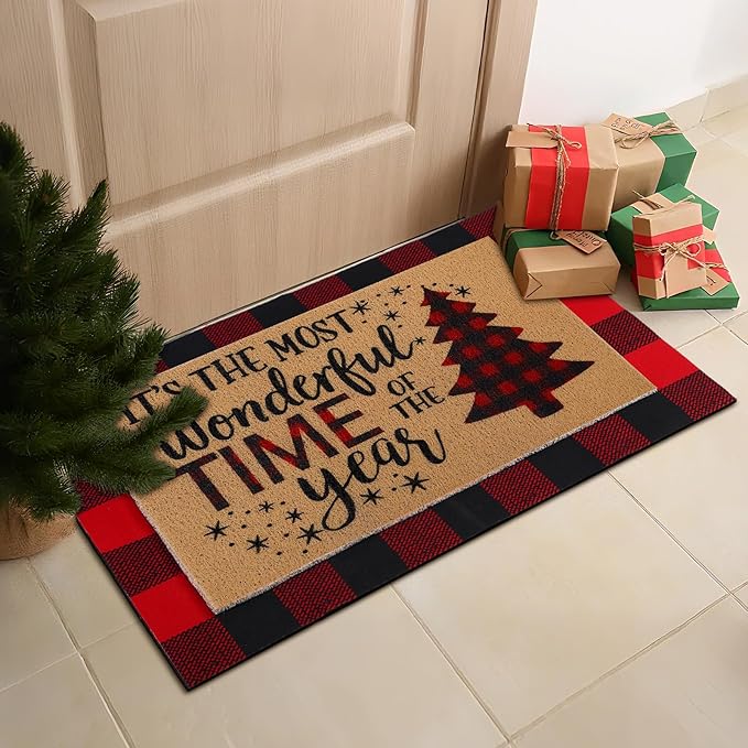 Tinideya 2 Pcs Christmas Tree Door Mat Welcome Non Slip Coir Mats Merry Xmas Black Red Buffalo Plaid Floor Layering Doormats Seasonal for Front Porch Entryway Decor(Christmas Tree)