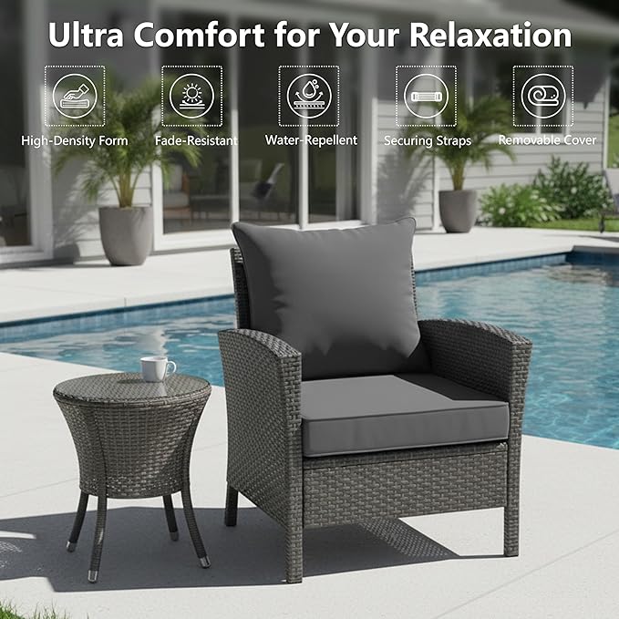 24x24 Inch Outdoor Chair Cushion with Removable Cover, Patio Furniture Cushion - Water-Repellent, Fade-Resistant, Non-Slip Bottom & Straps, Replacement for Deep Seat Sofa & Couch - Dark Grey