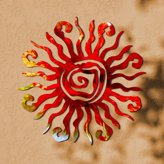 Moxweyeni 12 Inch Sun Metal Wall Art Outdoor Decor Wacky Large Sun Metal Art Sun Wall Decor Pool Decorations for Home Bedroom Living Room Office Garden(Red)