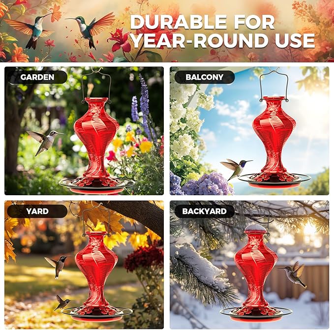 Glass Hummingbird Feeder for Outdoors Hanging, Bird Nectar Feeder with Perch & 5 Flower Feeding Ports, 20 Oz Leak Proof for Outside Garden Decor Backyard, Gifts for Women Mom, Red