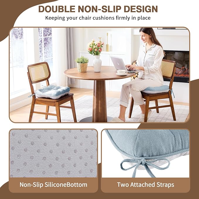 BETU Chair Cushions for Dining Chairs Set of 6,3.5" Thick Kitchen Table Chair Pads with Ties,Non Slip Backing and Covers, Seat Cushion for Dining Room,Bar,Patio Chairs,16"X16"X3.5",Smoky Blue