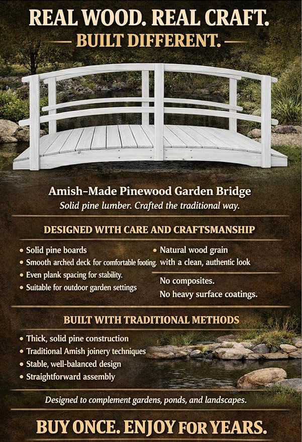 6 FT White Amish Made Garden Bridge with Double Rails for Walkway, Backyard Pond & Landscaping, Outdoor Wooden Footbridge for Koi Pond, Japanese Style Decorative Bridge, Made in USA