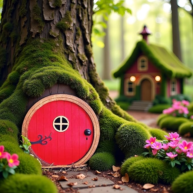 Red Fairy Garden Door for Tree, Fairy Doors for Trees Outdoor & Tree Trunk, Mini Fairy Garden Sculpture Lawn Ornament Decor, Fairytale Tiny House Doors Mini Gift, Fairytales Door Decoration