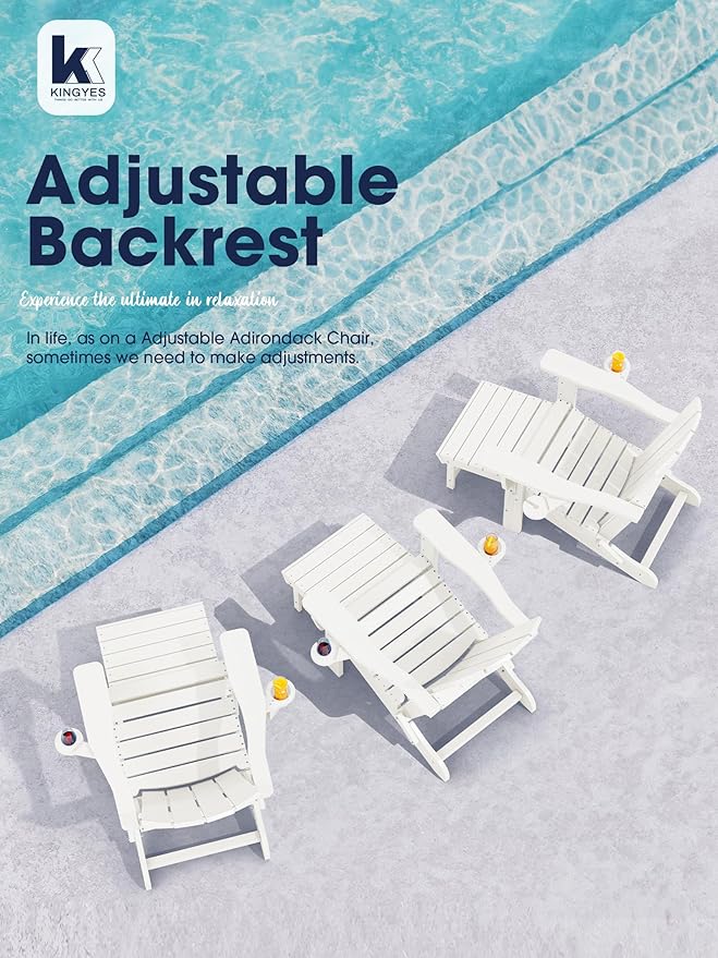 KINGYES Folding Adjustable Adirondack Chair with Ottoman & 2 Cup Holders, HDPE Adirondack Recliner Chair with Footrest, White