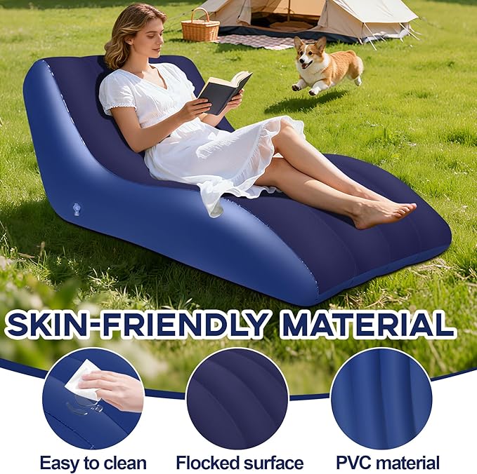 Inflatable Chair for Adults,Inflatables Chairs with Flocked Surface, Inflatable Lounge Chair with Backrest, Comfort Ergonomic Inflatable Couch,Inflatable Couch for Camping, Blue