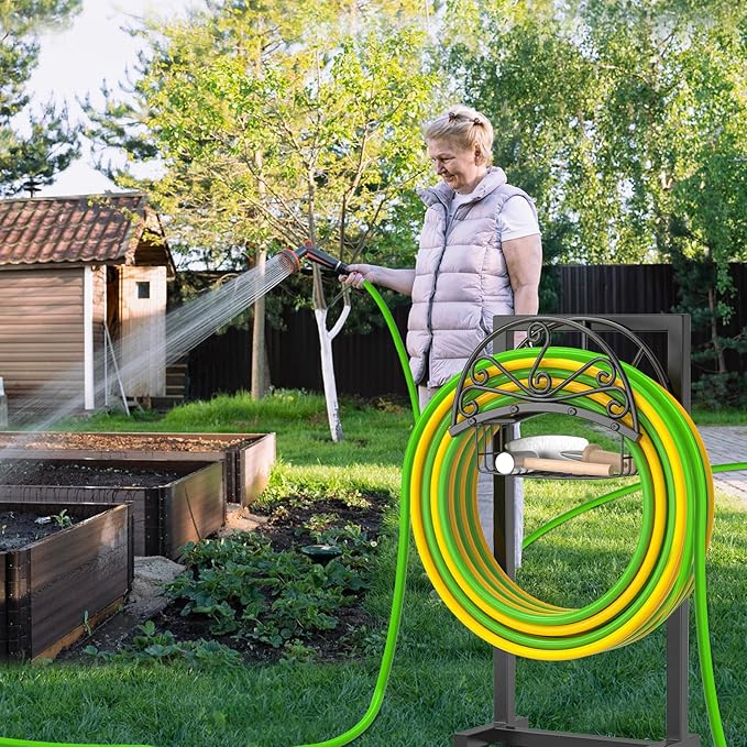 Garden Hose Holder,Heavy Duty Freestanding Detachable Storage Reel Stand,Upgraded 4 Spikes Hose Hanger for Outside Yard Lawn (Floral with Storage Basket)