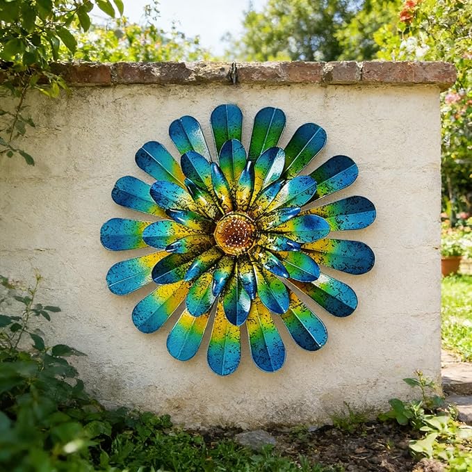 HOOEN 2pack Metal Flowers Wall Decor Wall Art Decorations Hanging For Indoor Outdoor Home Garden Farmhouse Yard Patio Fence Living Room Bedroom Decor