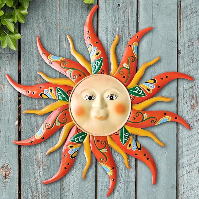 Metal Sun Wall Art Decor,17.3Inches Sun Face Garden Sculptures Statues Wall Art Decorations for Indoor and Outdoor, Room Garden Porch Fence Balcony Patio Decor