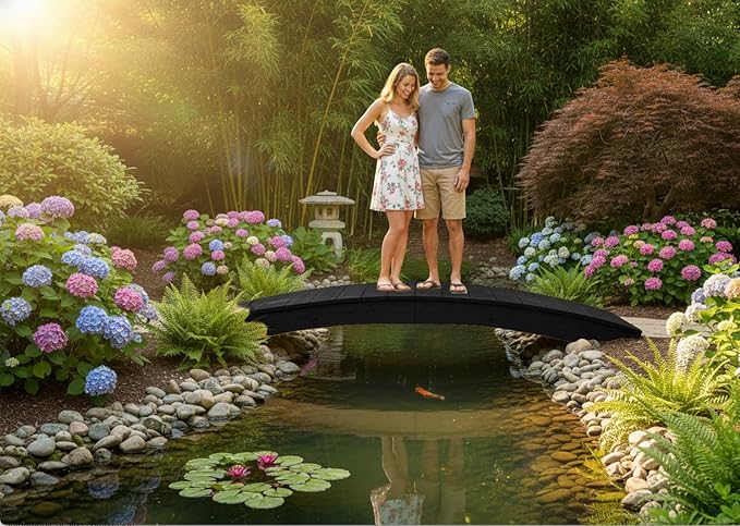8 FT Black Amish Made Pinewood Heavy Duty Garden Bridge for Walkway, Backyard Pond & Landscaping, Outdoor Wooden Footbridge for Koi Pond, Japanese Style Decorative Bridge, Made in USA