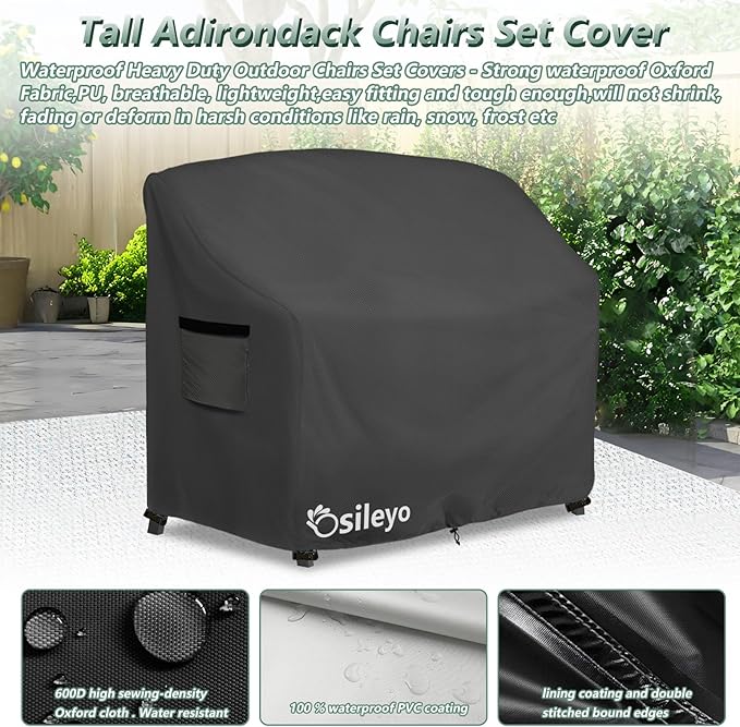 Tall Adirondack Chairs Set Cover for Poly Balcony Chair with Connecting Tray Patio Stools,100% Waterproof Heavy Duty Tall Outdoor Adirondack Chair Table Covers, Black