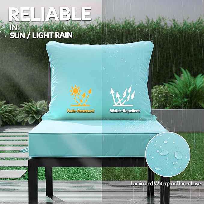 22x22 Inch Patio Chair Cushions Set of 4, Outdoor Furniture Cushions - Removable Cover, Water-Repellent, Fade-Resistant, Non-Slip Bottom & Straps, Replacement for Lawn, Porch & Deck Chair - Light Blue