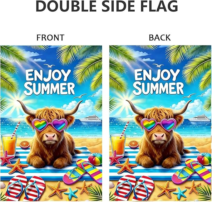 Summer Garden Flags 12x18 Inch Double Sided, Burlap Seasonal Farmhouse Beach Highland Cow Garden Flag Summer Outdoor Garden Decor, Small Decorative Yard Lawn Porch Flags for Outside