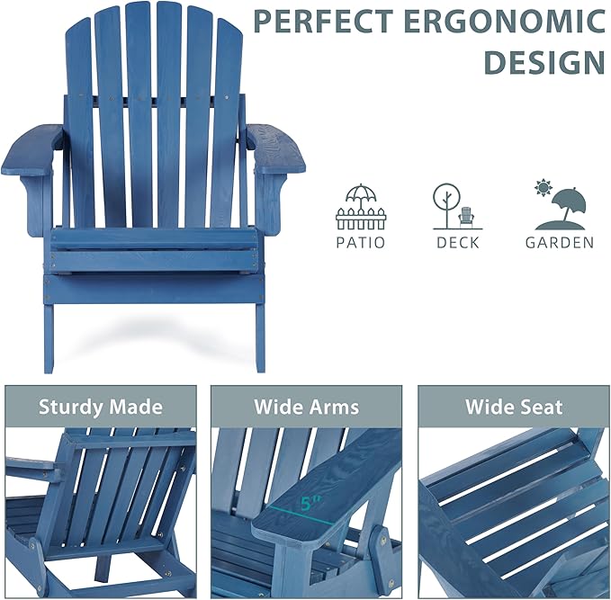 Oversized Wooden Folding Adirondack Chair with Pre-Assembled Backrest and Seat Board, Lounge Chair for Outdoor Patio Garden Lawn Backyard Firepit Deck Pool Beach
