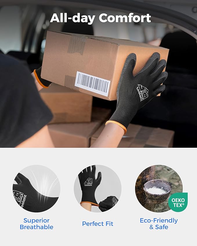 toolant Crinkle Latex Work Gloves Bulk, Rubber Coated Safety Work Gloves for Men and Women, 60 Pairs for Construction, Gardening, Warehouse (Black, Large)