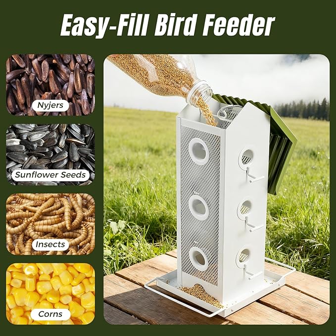 All Metal Bird Feeder for Outdoors Hanging | 14-Port Multi-Bird Viewing | Premium Finish, Waterproof & Easy-Clean | Attracts Cardinals, Finches, Chickadees & More (Crisp White & Green)