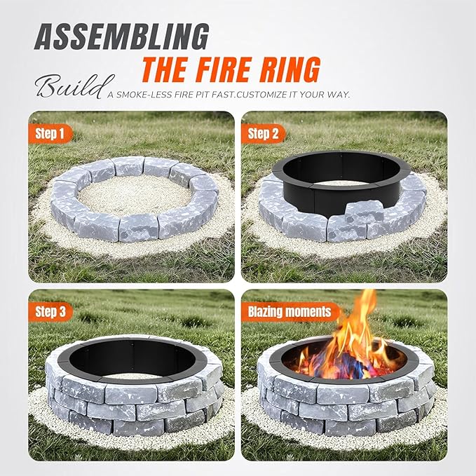 INNOSTAGE 28 Inch Fire Pit Ring (33 Inch Outer), Heavy Duty Steel Fire Ring for Outside, Large Round Fire Pit Insert, DIY Camping Fire Ring, Above or In-Ground, Black Carbon for Backyard Patio Bonfire