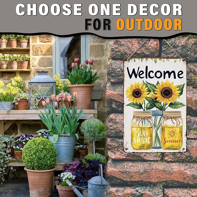Summer Welcome Sign Wall Art Decor Welcome Floral Ornaments Iron Plaque Sign for Club Bar Garage Wall Decor 12x16inch