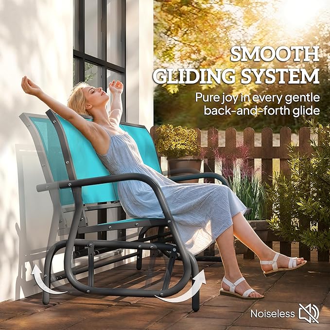 Outsunny 3-Person Patio Glider Bench, Outdoor Porch Glider Swing with 3 Seats, Breathable Mesh Fabric, Metal Frame, Blue