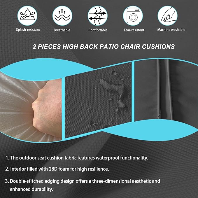 2 Pieces High Back Patio Chair Cushions, Fade Resistant Outdoor Rocking Chair Cushions, Office Chair Back Support Cushion (Black, Seat (21''x21''x3'')+Backrest (21''x28''x3''))