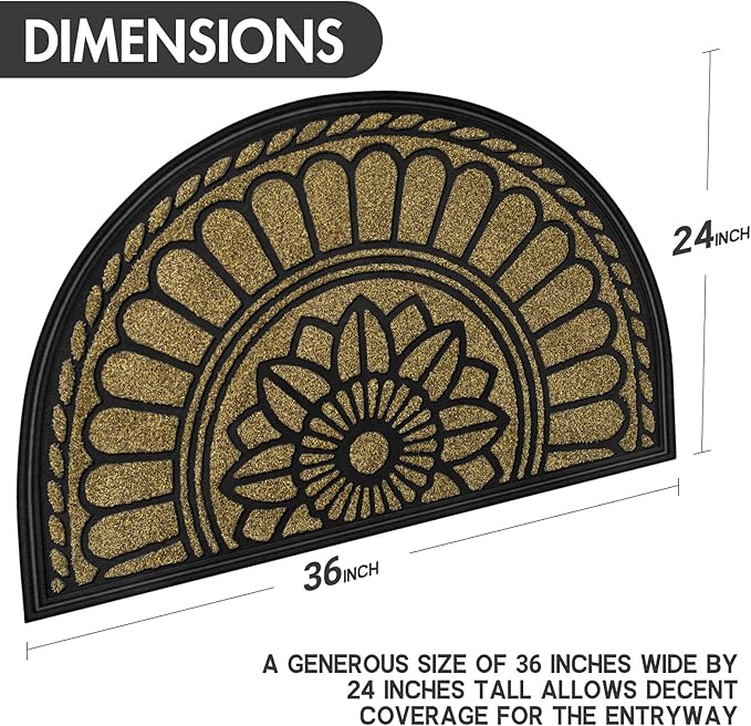 Mibao Half Round Door Mat, Non-Slip Welcome Entrance Way Mat, Durable Rubber Door Mats, Low-Profile Heavy Duty Doormat, Half Circle Mats for Garage, Patio, High Traffic Areas, 23.5" x 35.5", Brown