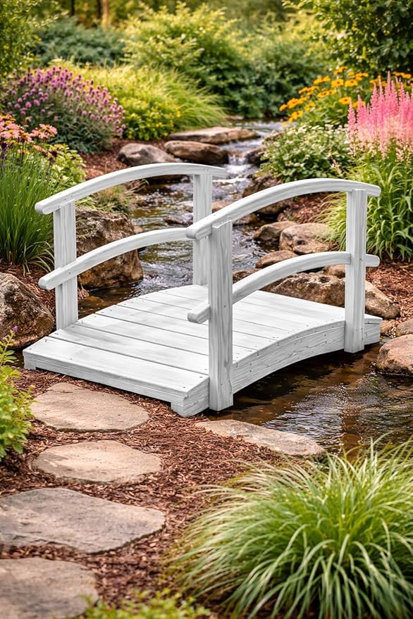4 FT White Amish Made Garden Bridge with Double Rails for Walkway, Backyard Pond & Landscaping, Outdoor Wooden Footbridge for Koi Pond, Japanese Style Decorative Bridge, Made in USA