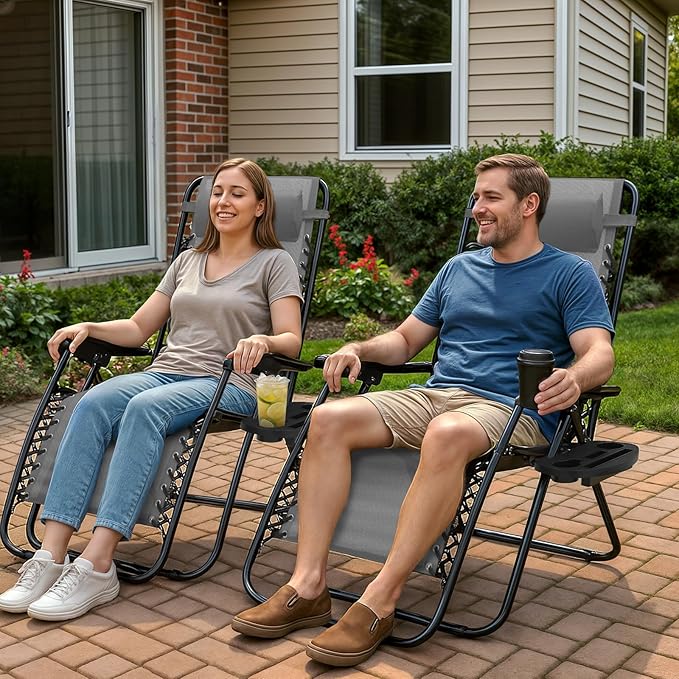 Magshion Zero Gravity Lounge Chairs Set of 2, Outdoor Patio Reclining Chair with Side Tray, Adjustable Anti-Gravity Recliners with Pillow Headrest, Folding Lounger for Lawn Camping Beach, Grey