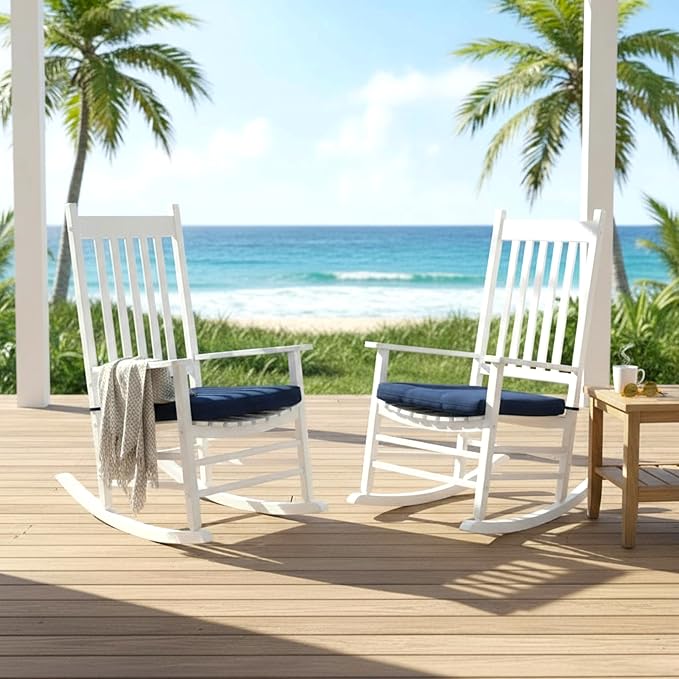 Shine Company Weather-Resistant Outdoor Rocking Chair Seat Cushions, 22"x20", Performance Fabric with Foam Core, Removable Cover with Ties, Set of 2, Navy Blue