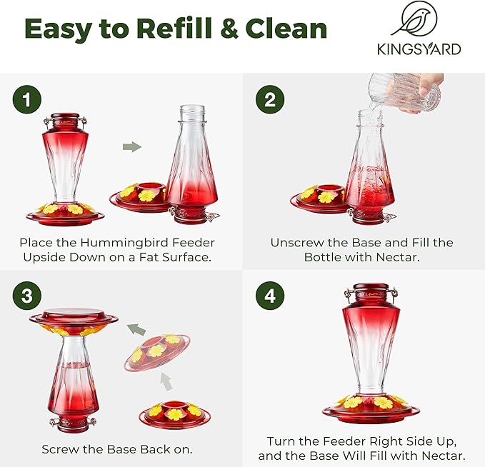 Kingsyard Glass Hummingbird Feeders for Outdoors Hanging Ant & Bee Proof, 16 Ounces Bird Nectar Feeder 6 Flower Feeding Ports, Leak Proof, Easy to Refill & Clean, Ant Moat Included, Red Gradient