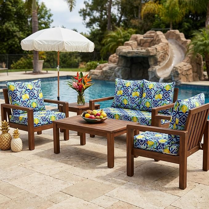 Hoteam 4 Set Outdoor Chair Patio Cushions Deep Seat Waterproof Chair Cushions 20 x 20 Inch for Patio Furniture Set Replacement Removable Seat and Back(Lemon)