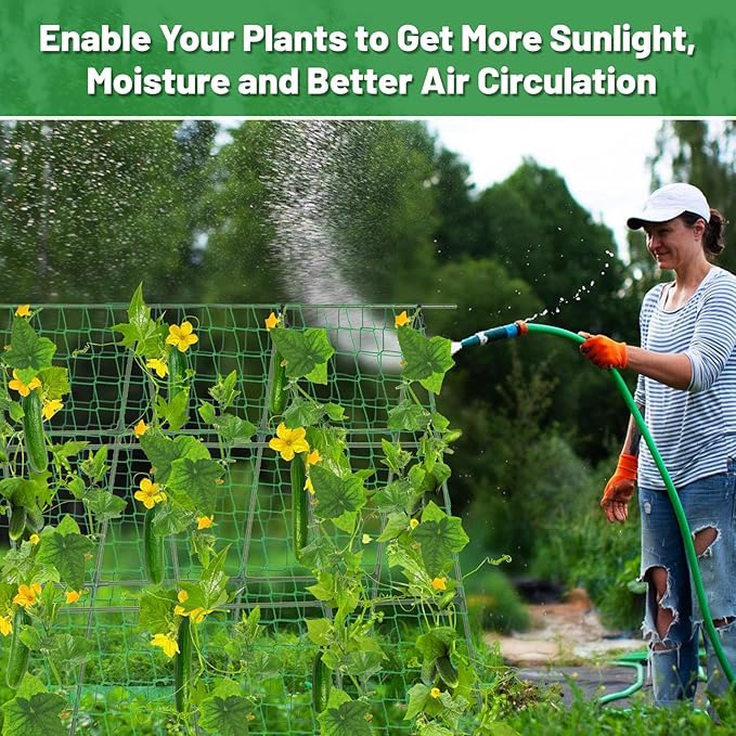 Cucumber Trellis for Raised Bed, 48" x 48" A-Frame PE-Coated Metal Trellis for Climbing Plants Outdoor, Garden Trellis for Vegetables with Climbing Net and Plant Support Clip for Tomato, Grape