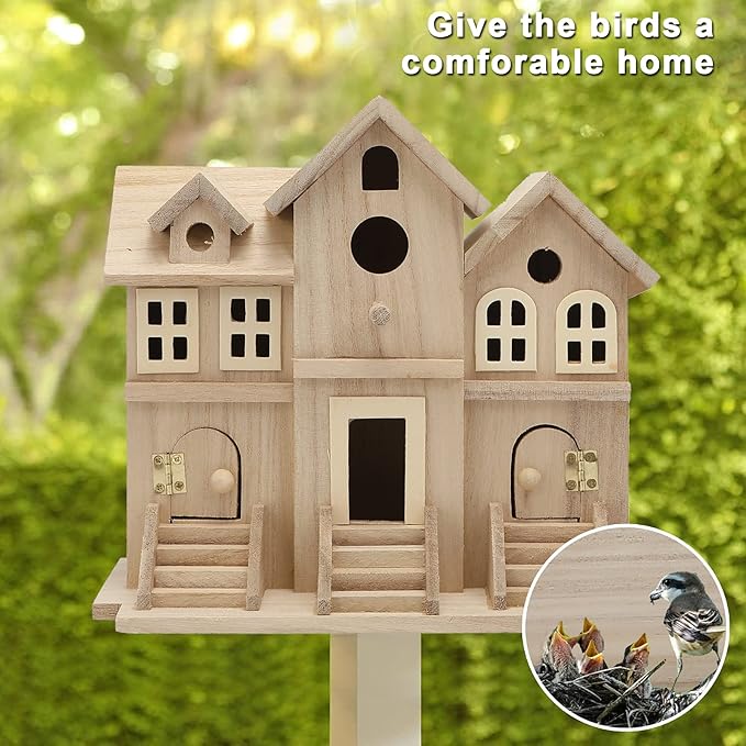 Lyfreen Paulownia Wood Bird House with Pole, Outdoor Hanging Birdhouse for Bluebirds, Wrens, Hummingbirds, Finches - Wooden Garden Bird House