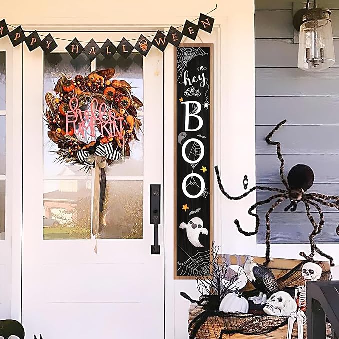 Halloween Welcome Sign for Front Porch Standing, BOO Wooden Porch Sign for Door Decorations, Farmhouse Hanging Wall Sign for Halloween Happy Outdoor Garden Decor 47.2"H - Black