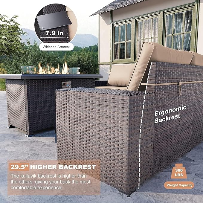 Kullavik 10PCS Outdoor Patio Furniture Set,PE Wicker Rattan Sectional Sofa Patio Conversation Sets with 43" 55000BTU Gas Propane Fire Pit Table,Swivel Rocking Chairs Set,Sand