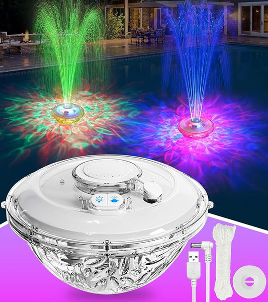 Floating Pool Fountain with Lights Show, Upgraded Pool Fountains with Anchor, Pool Water Fountain, Swimming Pool Fountains for Inground Pool, Waterfall for Above Ground Pond-White