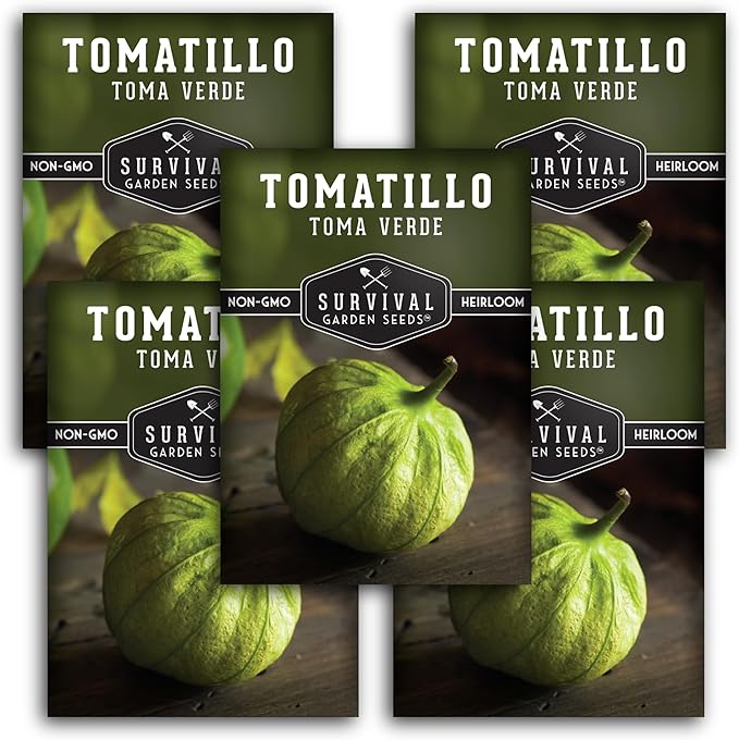 Toma Verde Tomatillo Seeds for Planting - Heirloom Mexican Green Husk Tomato, High Yield Non-GMO Variety for Salsa Verde and Authentic Mexican Cooking - Survival Garden Seeds (5 Packs)