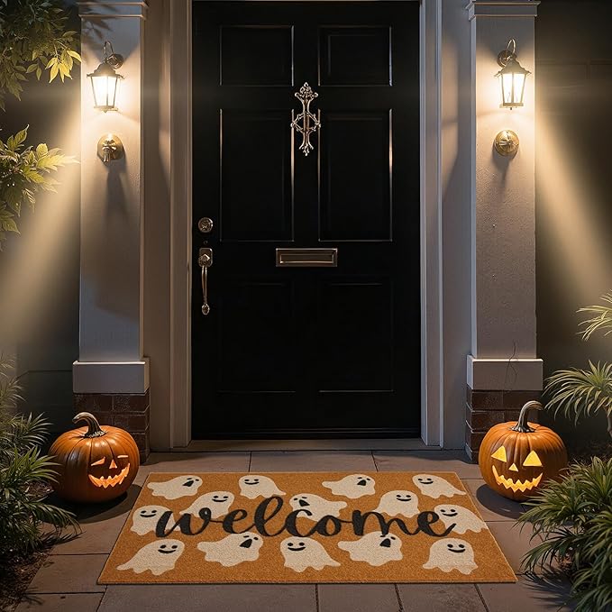 Halloween Door Mat Spooky Ghost Welcome Mat for Front Door Outdoor Entrance Doormat Coir Dirt Trapper with Non Slip Backing, 17x30, Welcome Ghost