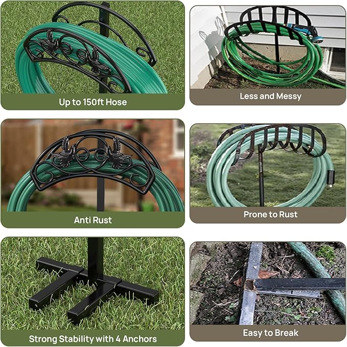 Garden Hose Holder Detachable, Heavy Duty Metal Water Hose Hanger Freestanding Hose Organizer Hose Holders for Outside (Black)