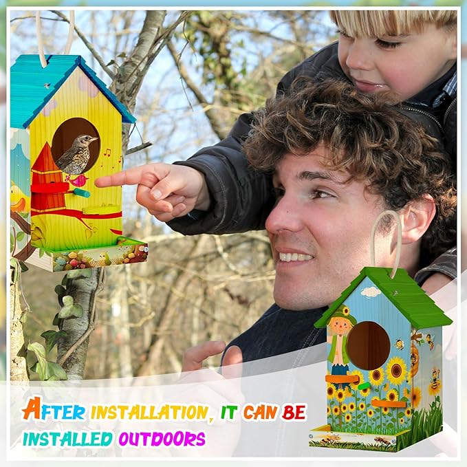Liliful 2 Pack Birdhouse Kit DIY Wooden Bird House with Paint and Paintbrushes Arts and Crafts Painting Kits for Boys Girls Adults Build Paint Classroom Birthday Indoor Outdoor Craft