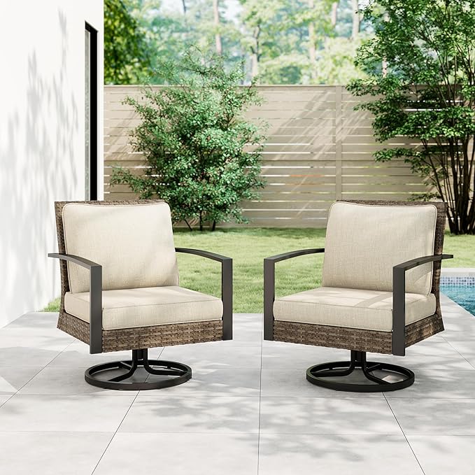 Green4ever Patio Swivel Dining Chairs Set of 2 with 360-Degree Rotating, Metal Outdoor Rocking Chair, All Weather Rattan Patio Chairs for Porch, Bistro, Balcony, Beige