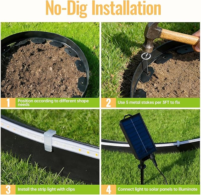 Landscape Edging with Solar String Lights, 20FT, 2in Depth, Metal Stakes & Light Remote, No-Dig Garden Edging with Timer & 19 Light Modes Landscape Border for Curved Straight Beds, Black