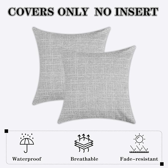 Kevin Textile Pack of 2 Decorative Outdoor Waterproof Throw Pillow Covers Checkered Pillowcases Classic Cushion Cases for Patio Couch Bench 16 x 16 Inch Grey