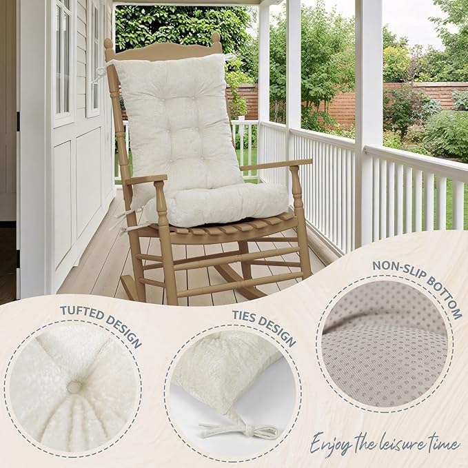 mudilun Rocking Chair Cushion Set - Non-Slip Tufted Rocking Chair Cushions with Ties Soft Indoor/Outdoor Wooden Rocking Chair Seat Pad for Porch Garden Cafe & Nursing