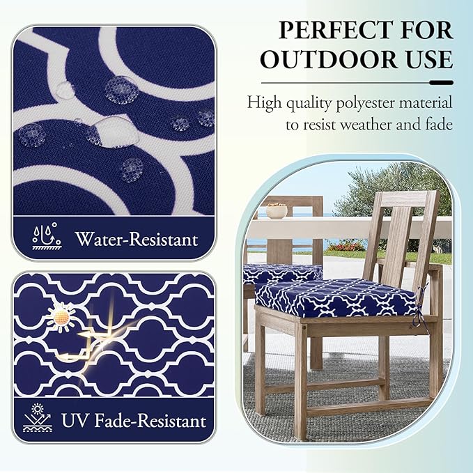 Wellsin Outdoor Chair Cushions for Patio Furniture - Outdoor Cushions for Chairs - Water Resistant Patio Chair Cushions Set of 4, 18.5"X16"X3", Trellis Navy
