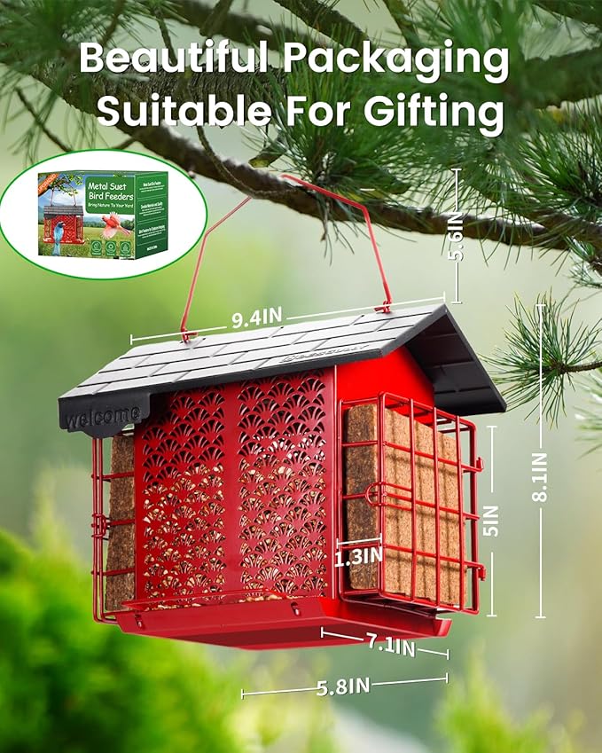 Suet Bird Feeders for Outdoors Hanging, Metal Suet Bird Feeder with Double Suet Cage Cake, 4.9 lbs Large Capacity, Easy to Clean & Refill, Ideal for Wild Birdfeed & Garden Decoration